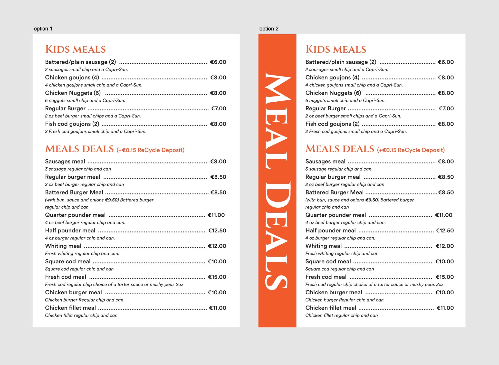 The printed T&D Fords menu, showing chips, burgers, fish and meal deals.