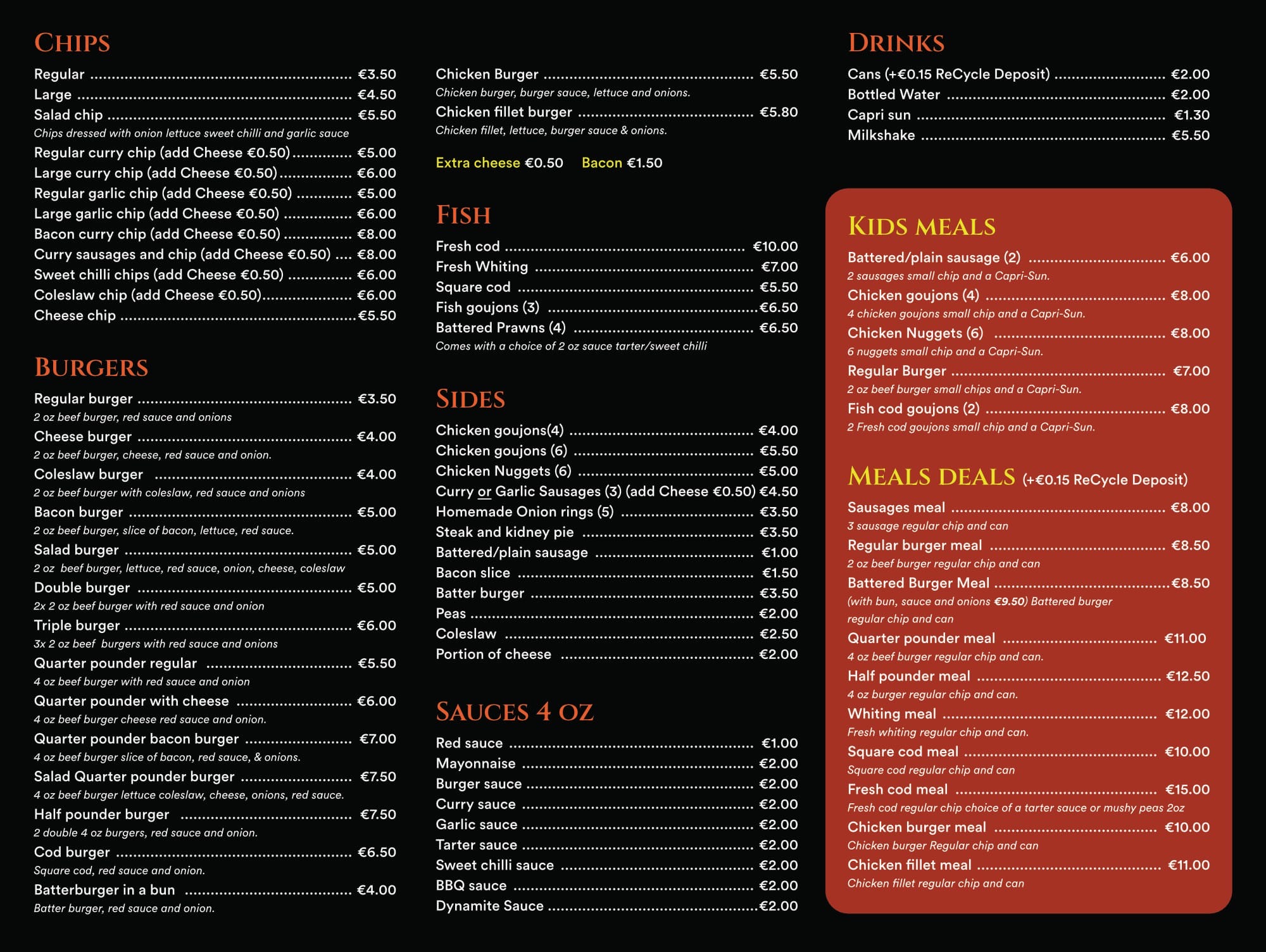 The printed T&D Fords menu board showing all categories and prices.