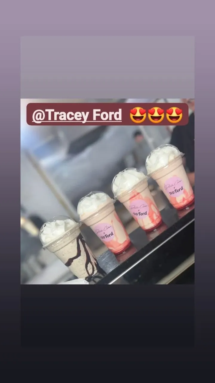 A row of Danielle Clarkson x T&D Ford milkshakes on the counter.
